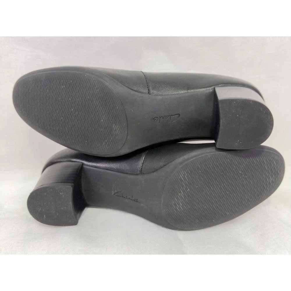 Clarks Womens 10 M Black Leather Pumps Comfort Cushion Block Heel Career Shoes